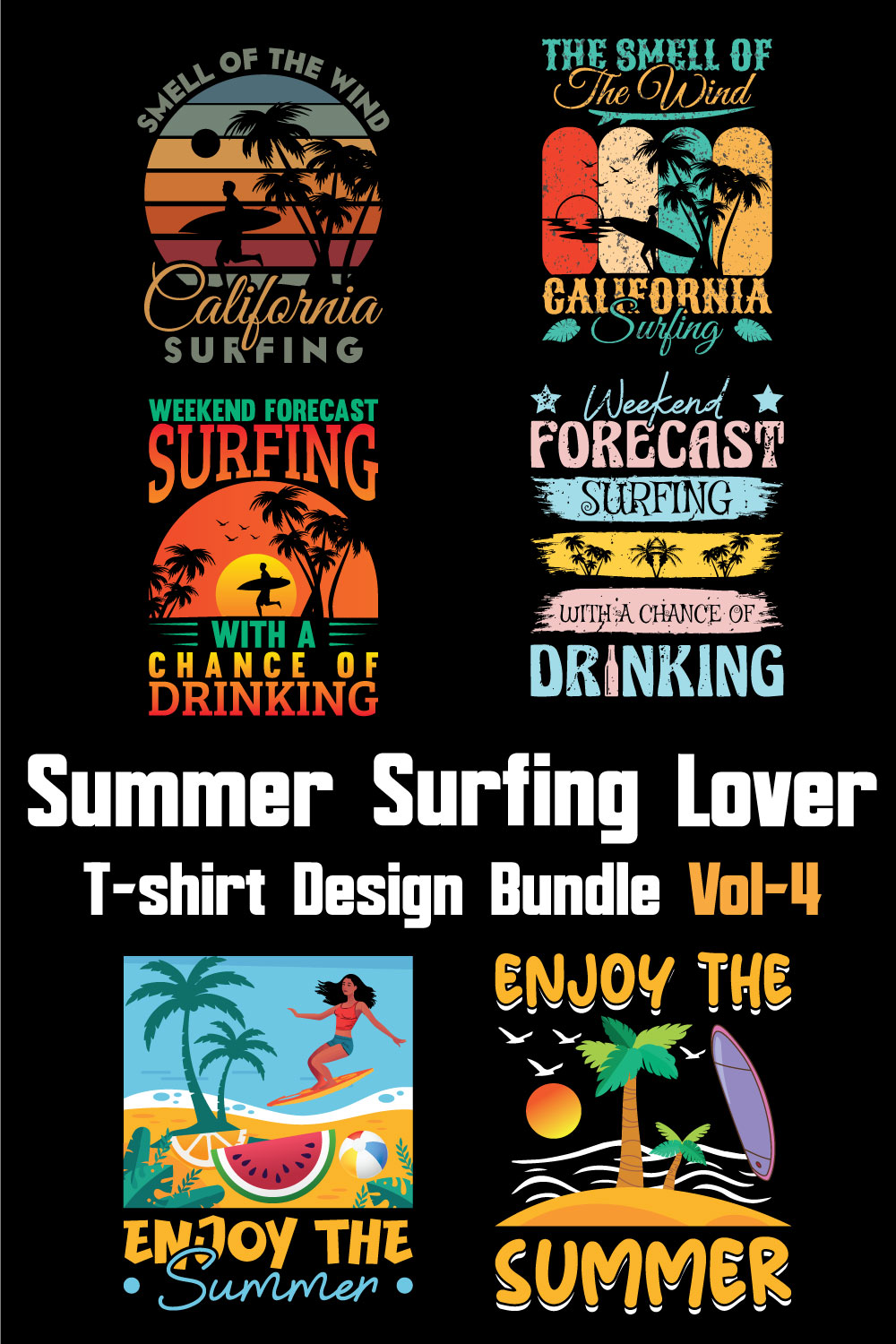 Summer Surfing Lover T-shirt Design Bundle Vol-4 pinterest preview image.