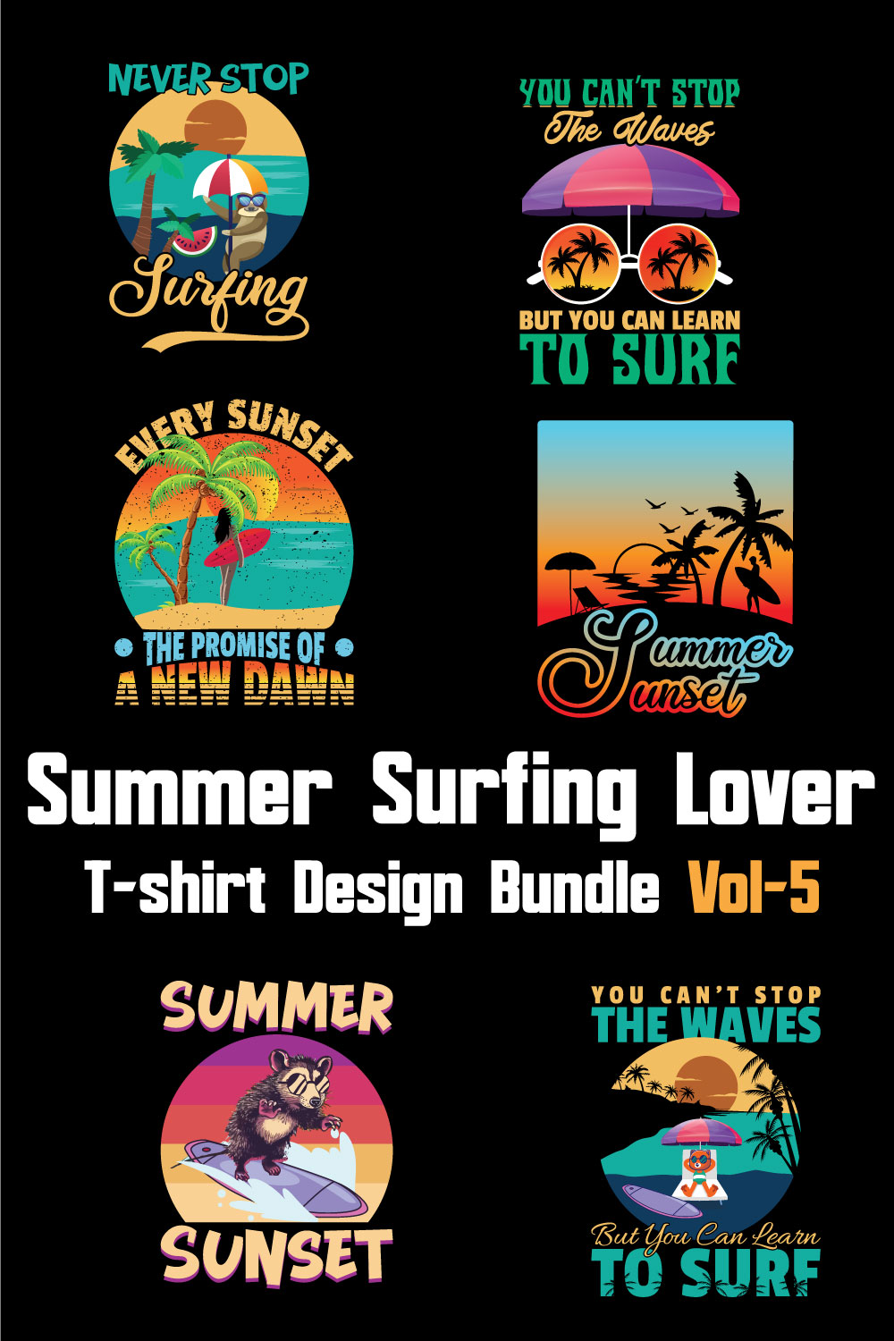 Summer Surfing Lover T-shirt Design Bundle Vol-5 pinterest preview image.