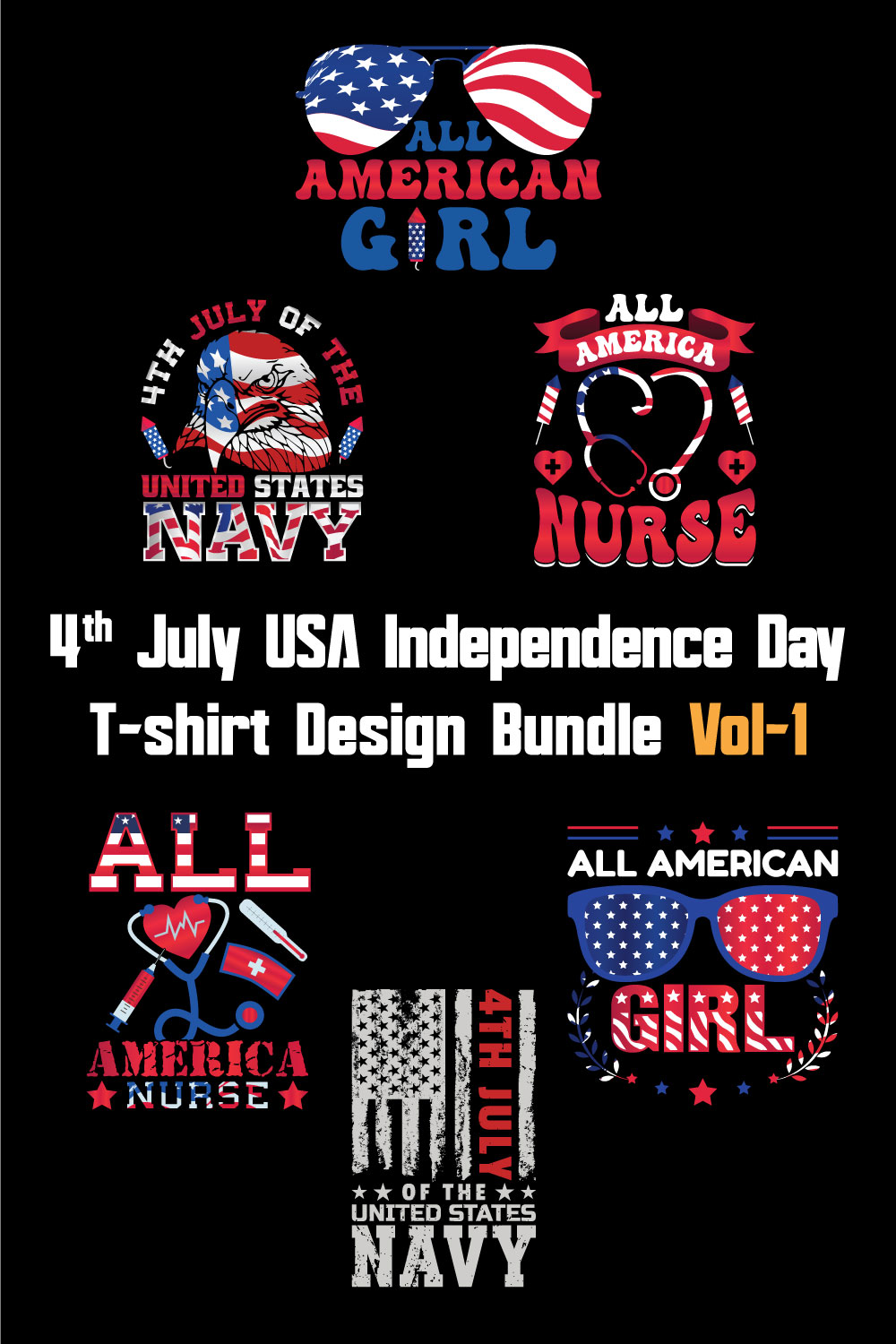 4th July USA independence day T-shirt Design Bundle Vol-1 pinterest preview image.