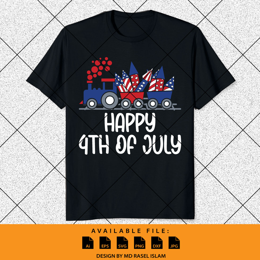 Happy 4th of July American independence day US flag train firecracker US freedom day America Birthday shirt print template preview image.