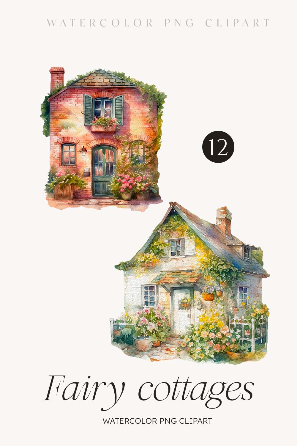 Watercolor Fairy cottages clipart - 12 items in PNG Digital Set of watercolor style, collection includes 12 stunning houses each in different designs pinterest preview image.