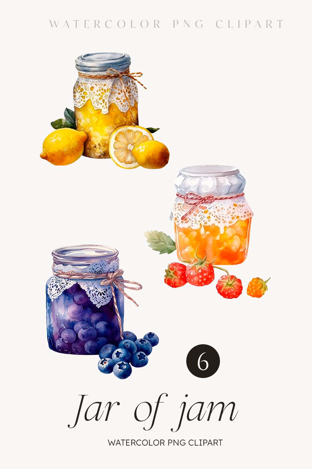 Watercolor Jar of jam Clipart - 6 items in PNG Digital This is a beautiful set of watercolor style, Jar of jam clipart Collection includes 6 Jars of jam: made from lemons, peaches, oranges, blueberries, strawberries, cloudberry These are perfect for your canned food crafts! pinterest preview image.