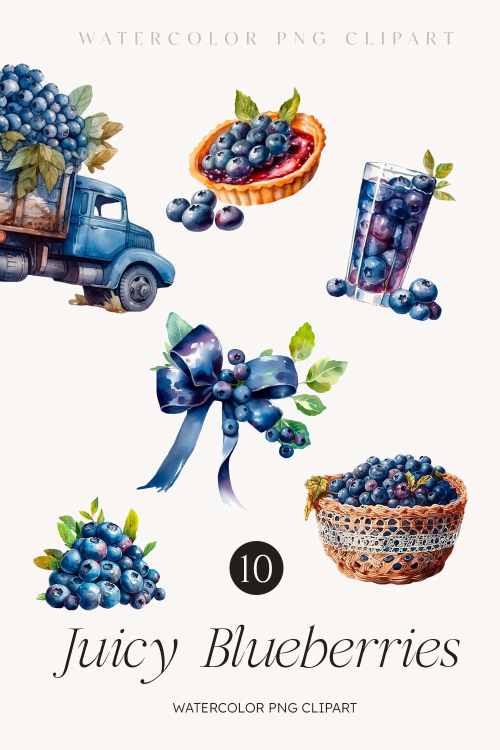 Watercolor Juicy Blueberry Clipart - 10 items in PNG Digital: a blueberry smoothie, three blueberry tarts, a blueberry cupcake, a stack of blueberries, a blueberry ice cream, a basket of fresh picked blueberries and a blue pick up truck with a tray full of blueberries pinterest preview image.