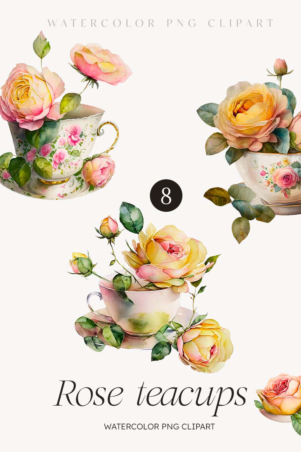 Watercolor Rose teacup Clipart - 8 items in PNG Digital A beautiful set of watercolor style Collection includes 8 items roses in teacup and rose on a plate pinterest preview image.