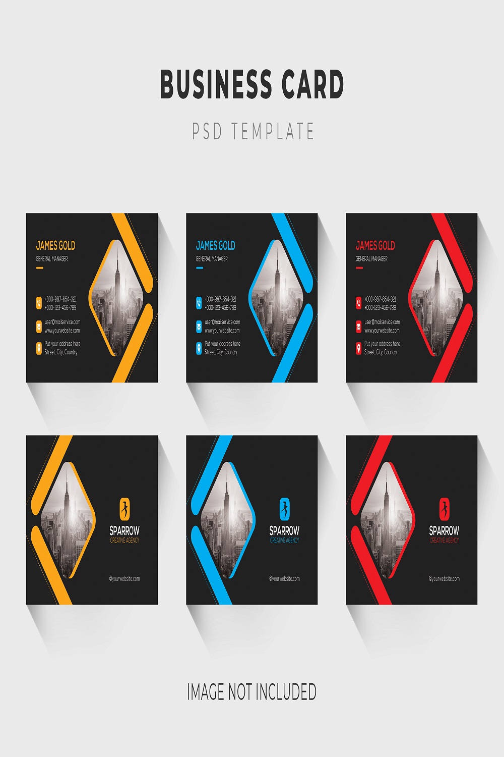 Multicolor business card template with dark background pinterest preview image.