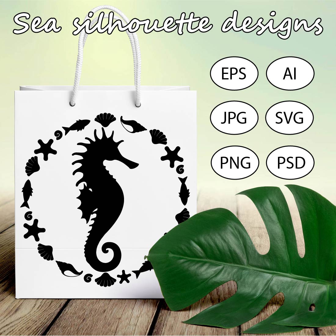 18 Sea silhouette designs for printing or cutting cover image.