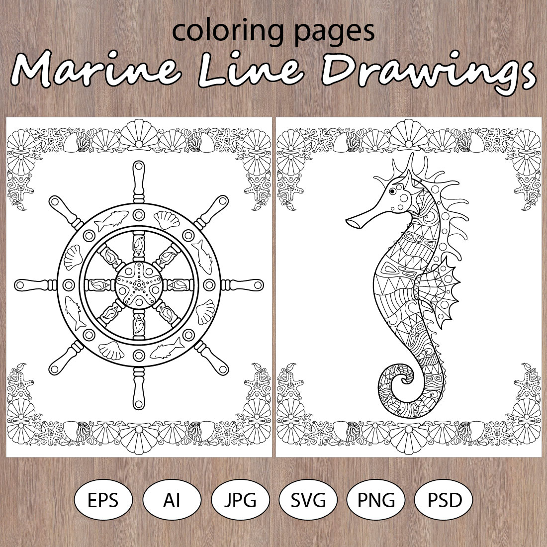 7 Marine Line Drawings for coloring cover image.