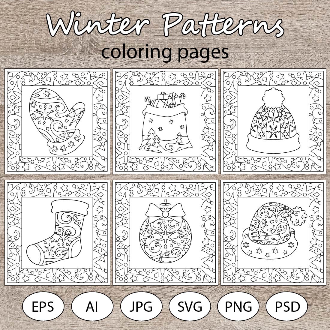 Winter Patterns - 6 coloring pages cover image.