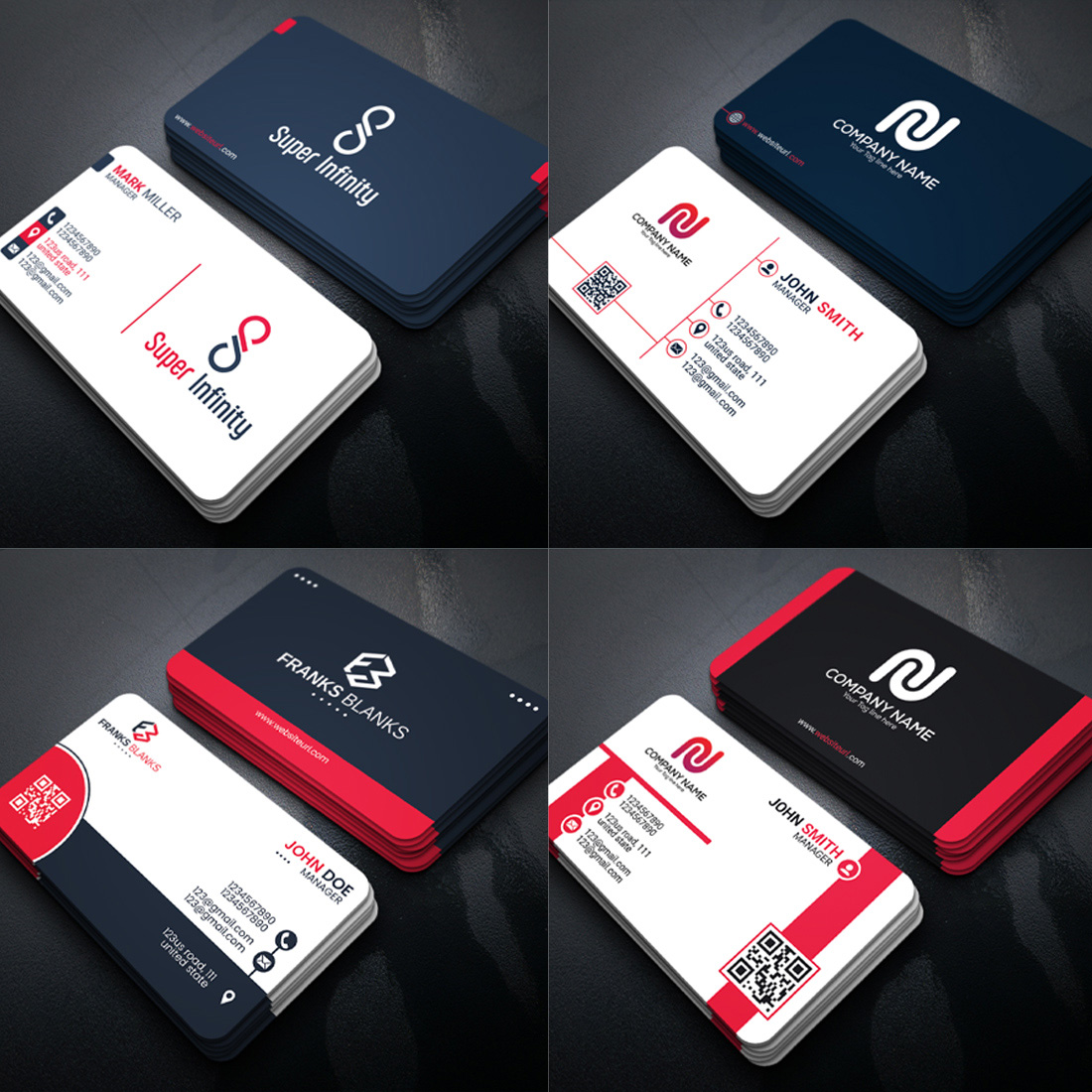 4 creative business card design bundle psd file preview image.