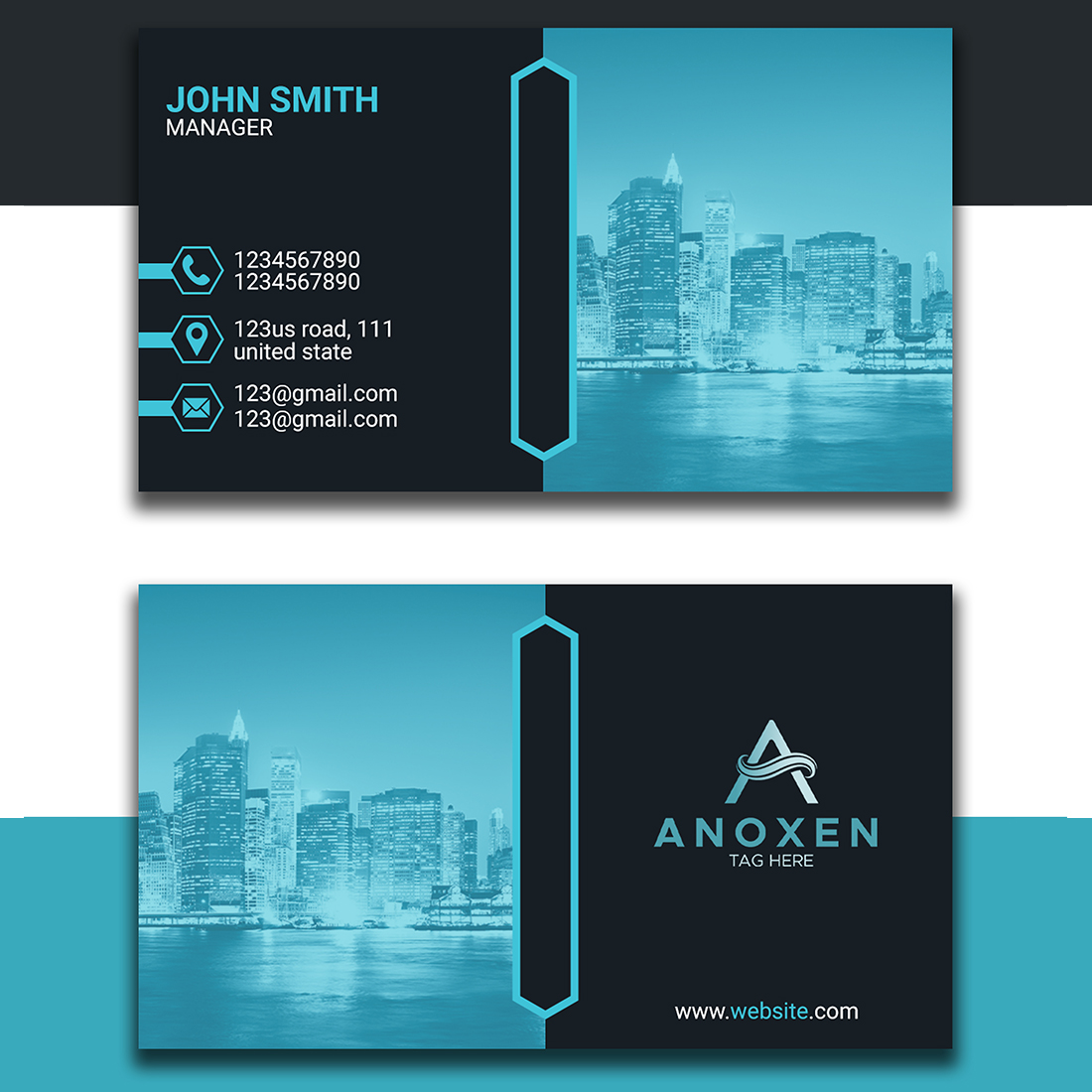 Blue corporate business card design template psd file preview image.