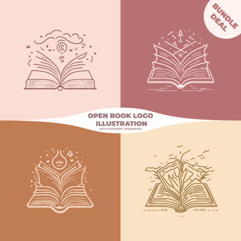 Open book with ornaments line art logo illustration bundle cover image.