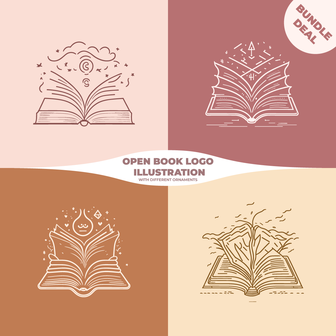 Open book with ornaments line art logo illustration bundle cover image.