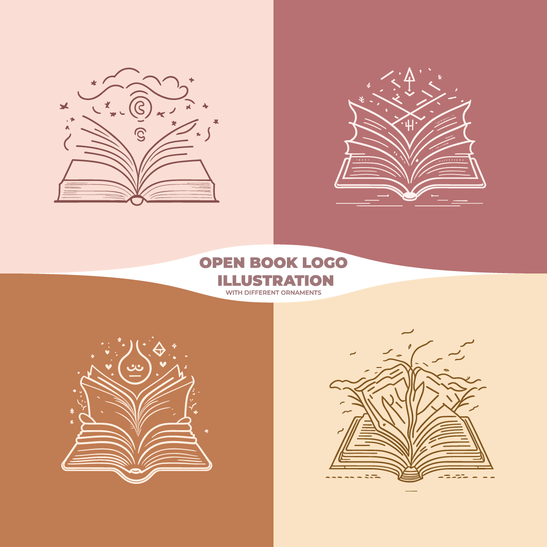 Open book with ornaments line art logo illustration bundle preview image.