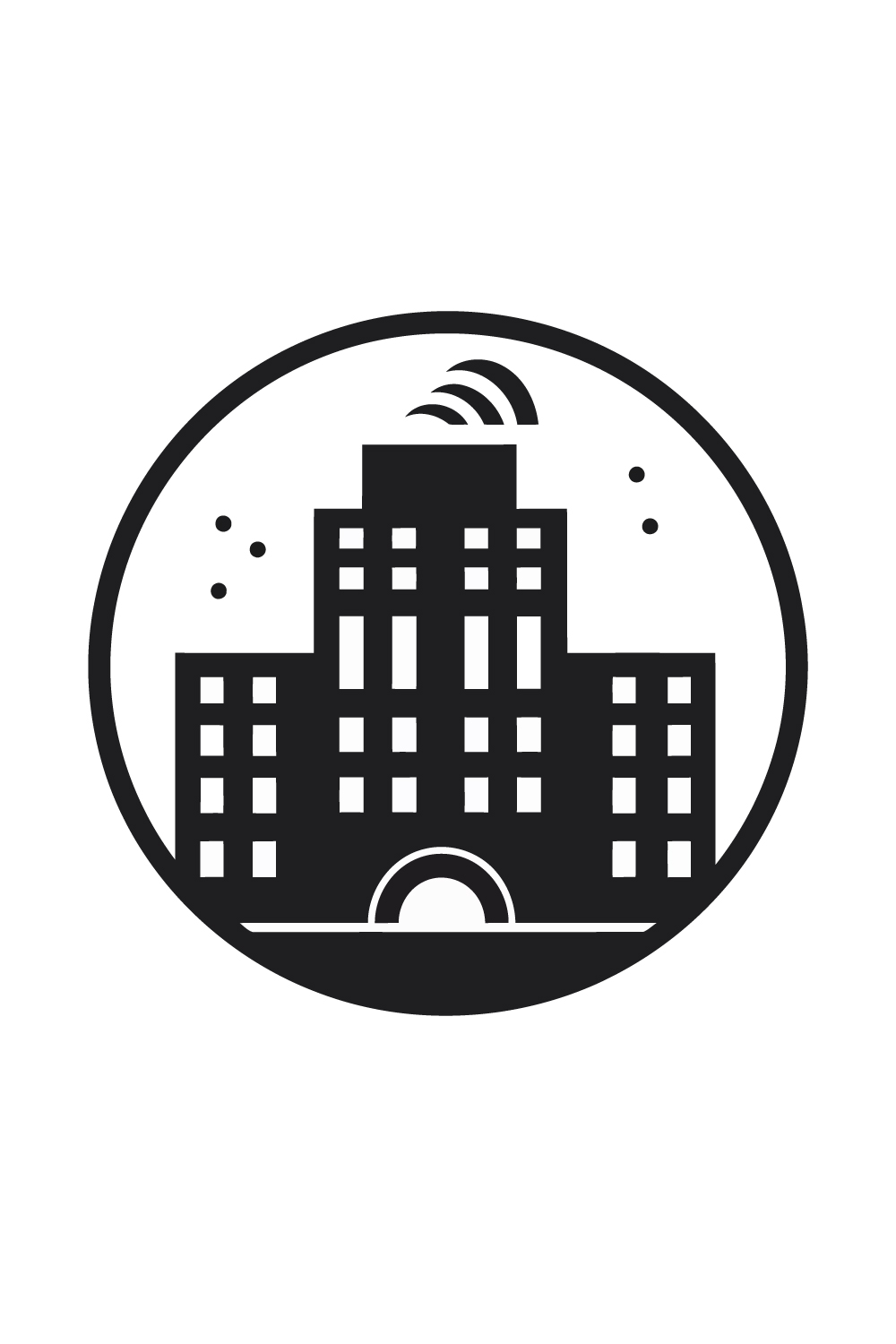 Simple Black Building Logo On White Background pinterest preview image.