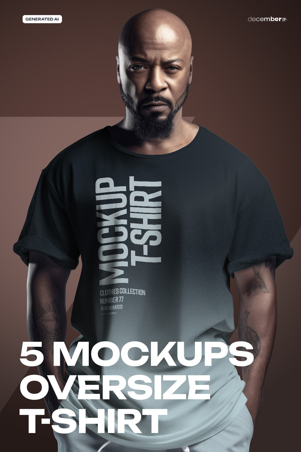 5 T-shirt Mockups on African American Man Generated Ai pinterest preview image.