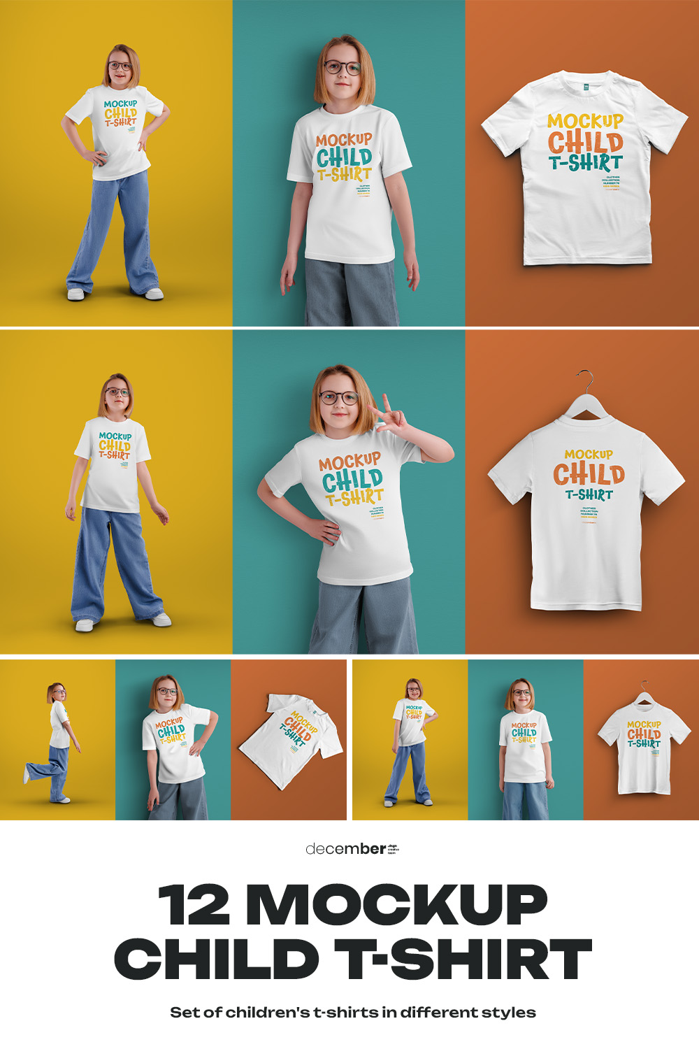 12 Mockups of a Children's T-shirt in Different Styles pinterest preview image.