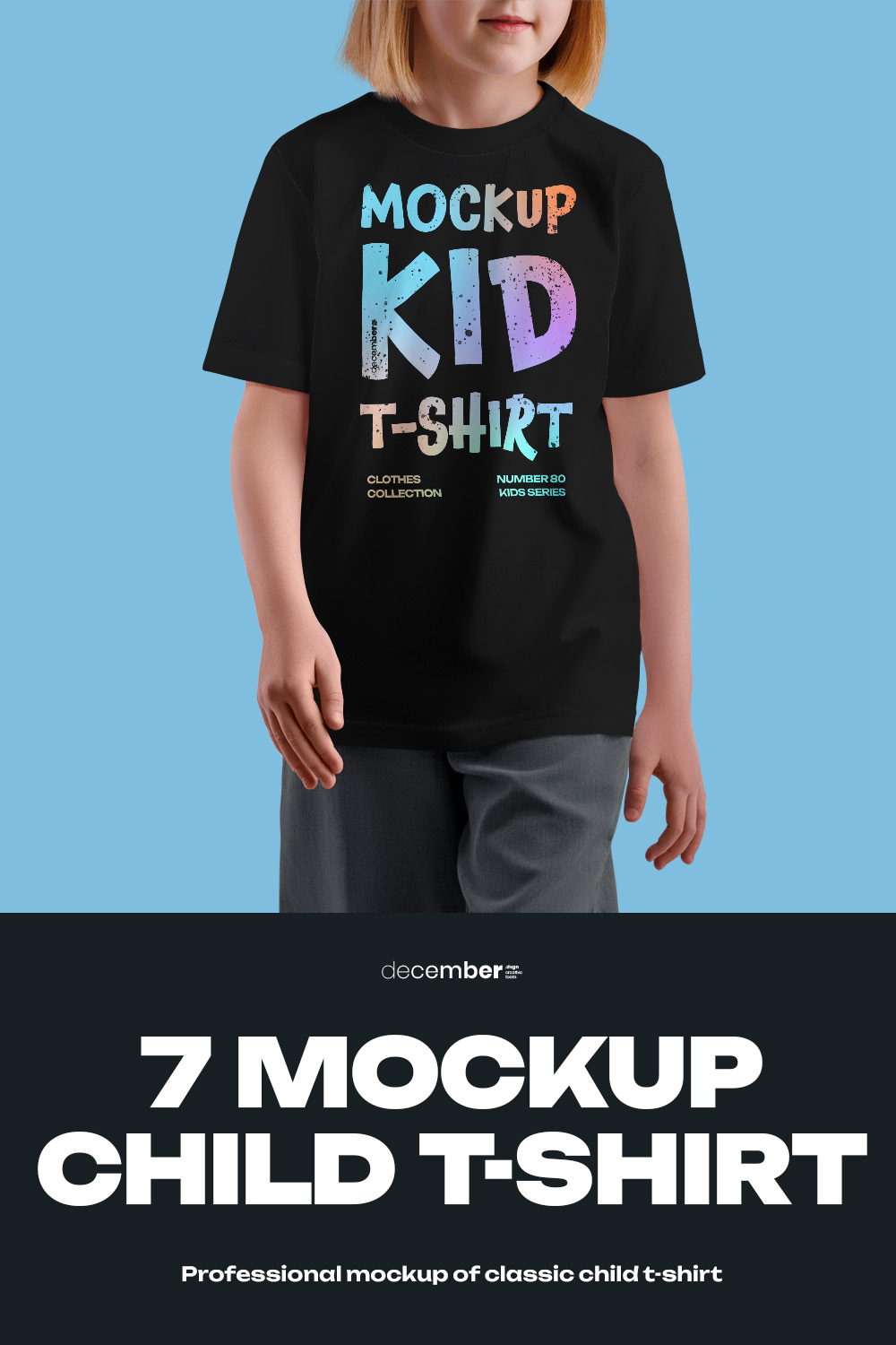 7 Mockups of a Kid's T-shirt on a Girl pinterest preview image.