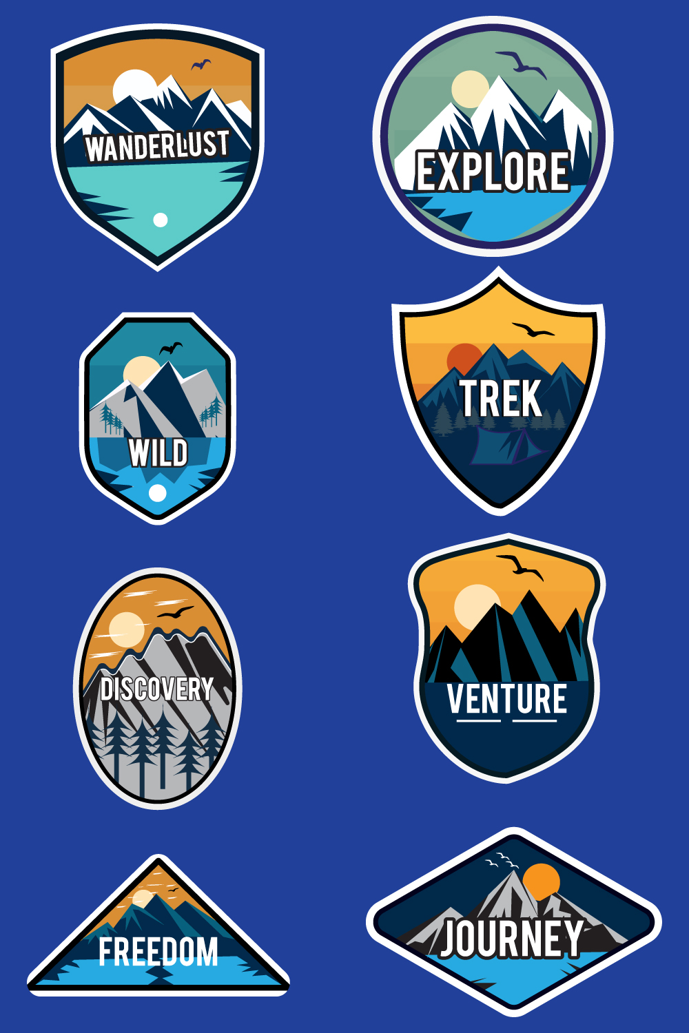 Set of eight mountain travel emblems Camping outdoor adventure emblems, badges and logo patches pinterest preview image.