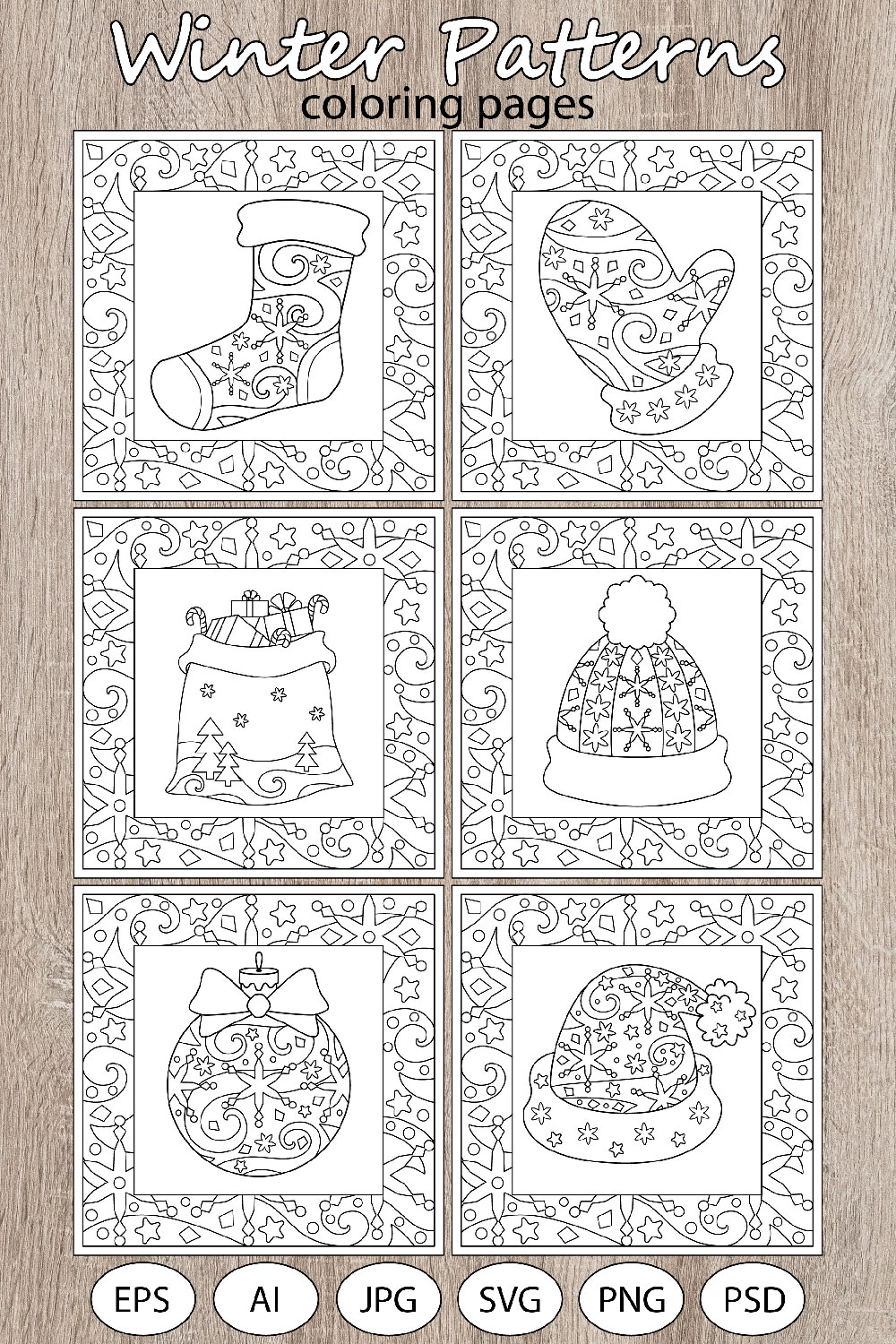 Winter Patterns - 6 coloring pages pinterest preview image.