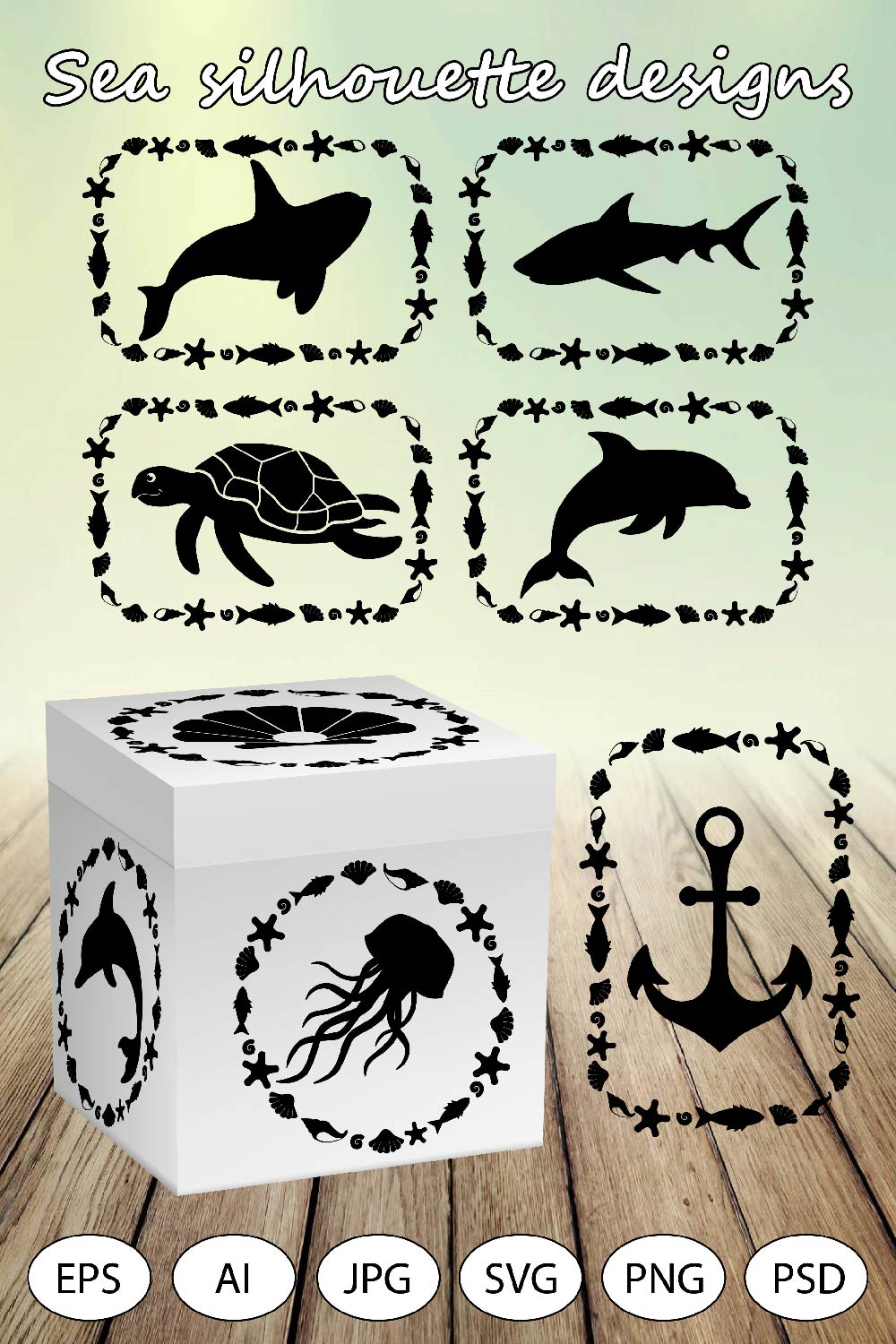 18 Sea silhouette designs for printing or cutting pinterest preview image.