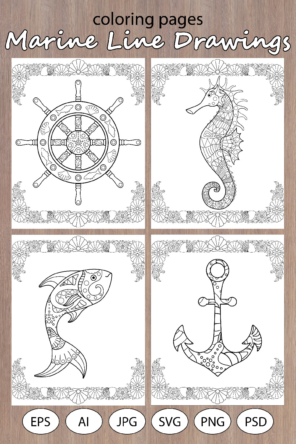 7 Marine Line Drawings for coloring pinterest preview image.