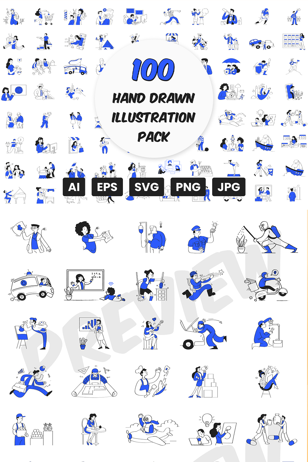 100 Hand Drawn Illustration Pack | Hand-drawn duotone cartoon vector pack/ SVG pinterest preview image.