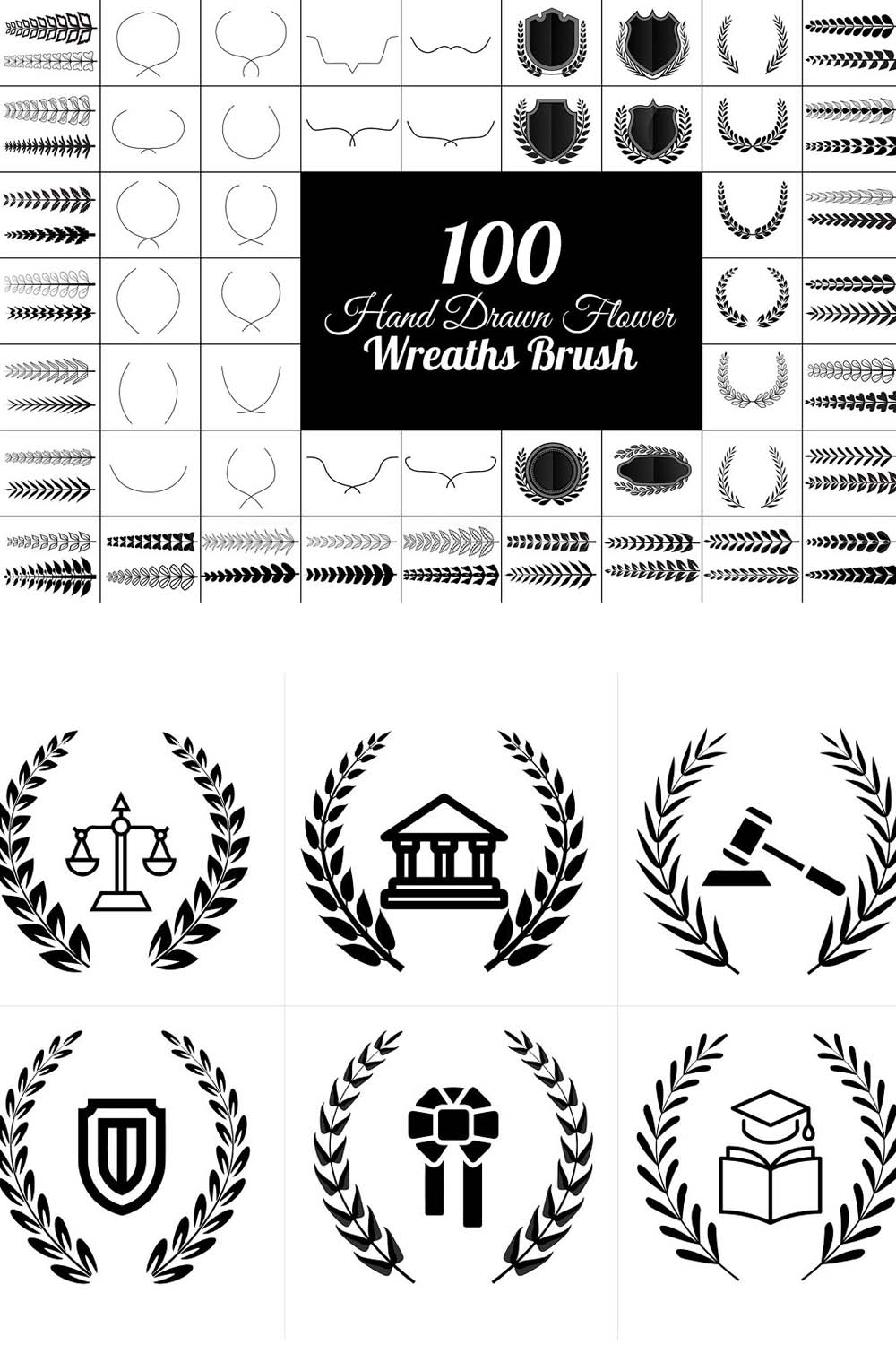 100 Hand Drawn Wreaths Brush Bundle pinterest preview image.