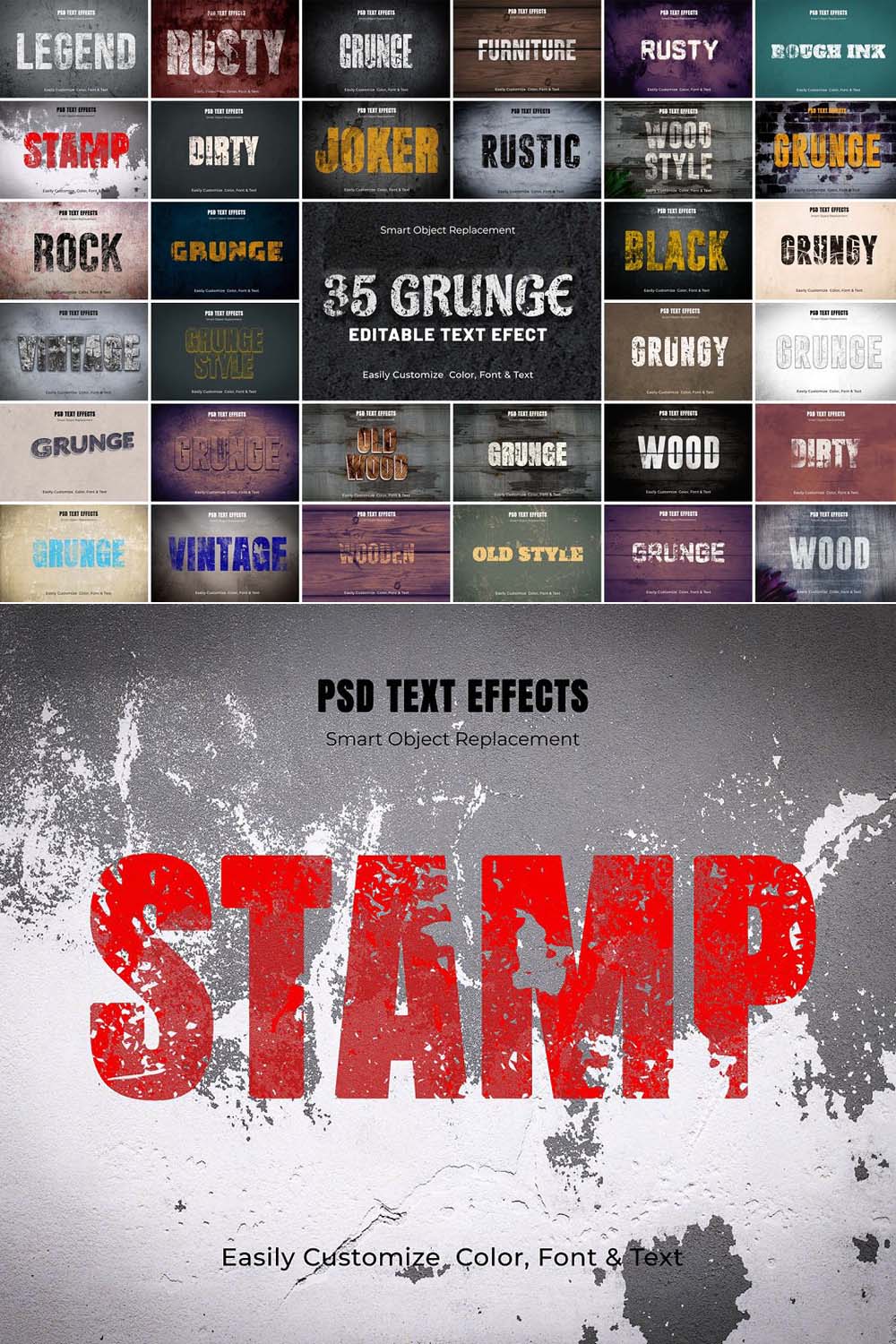 Editable Grunge Text Effect Bundle pinterest preview image.