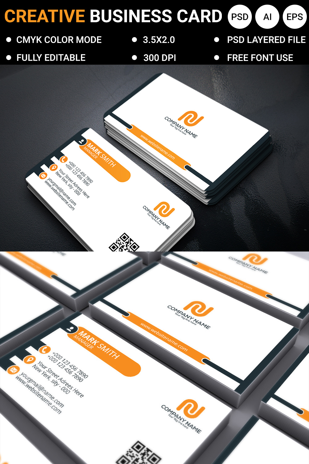 Modern and creative business card design template psd file, eps file, ai file pinterest preview image.