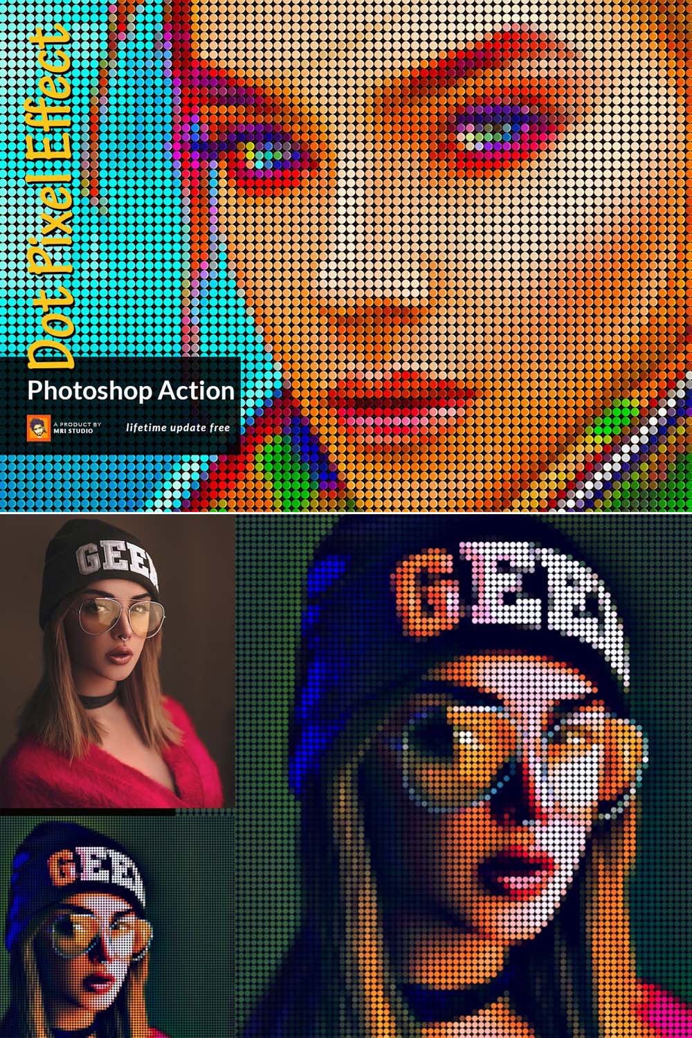 Dot Pixel Effect Photoshop Action pinterest preview image.