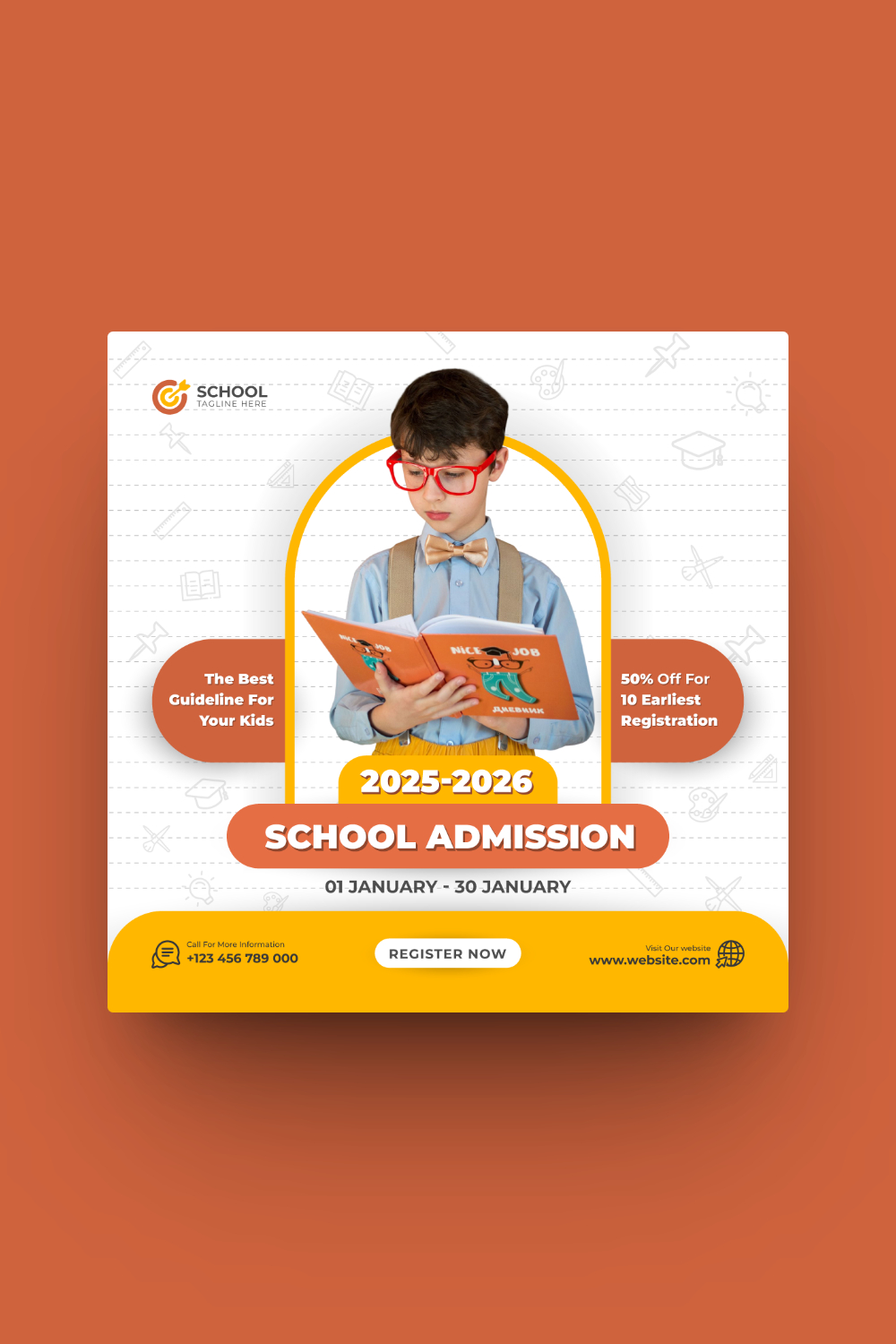 School Admission or Kids Education or Back to School Social Media Post Template pinterest preview image.