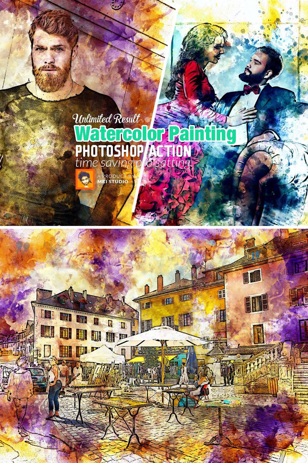 Watercolor Painting Photoshop Action pinterest preview image.