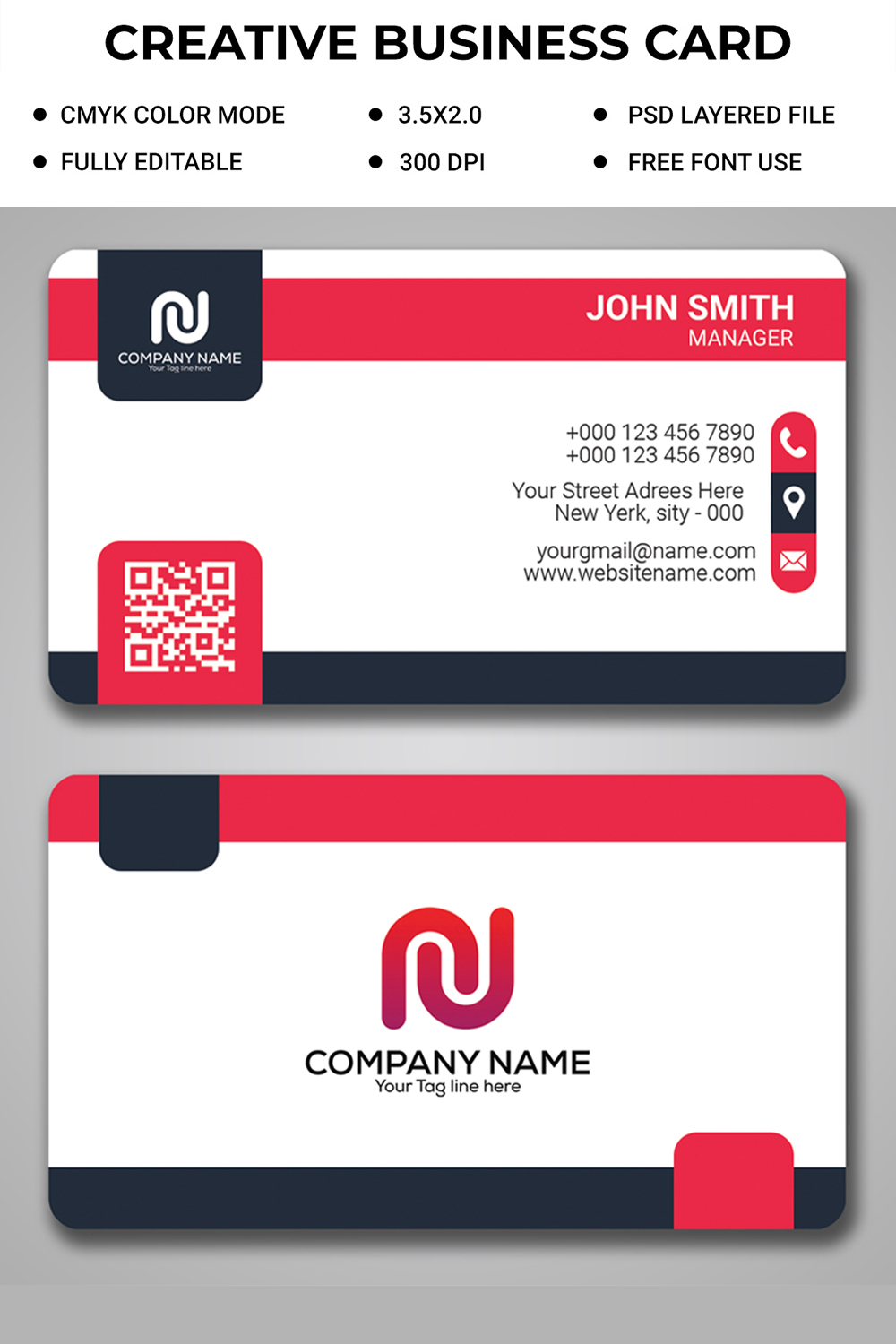 Creative and unique red color business card psd file pinterest preview image.