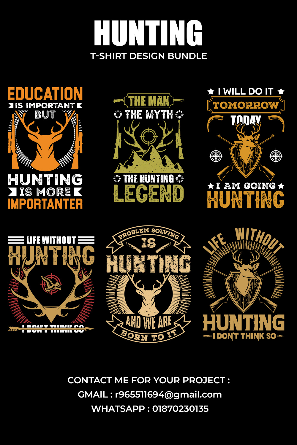 6 hunting t-shirt design bundle pinterest preview image.