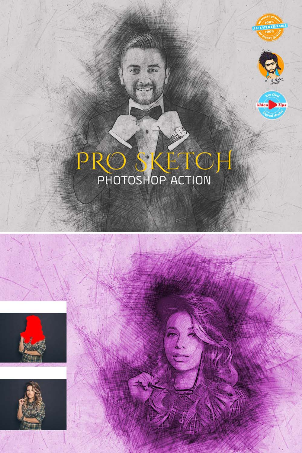 PRO SKETCH Photoshop Actions pinterest preview image.