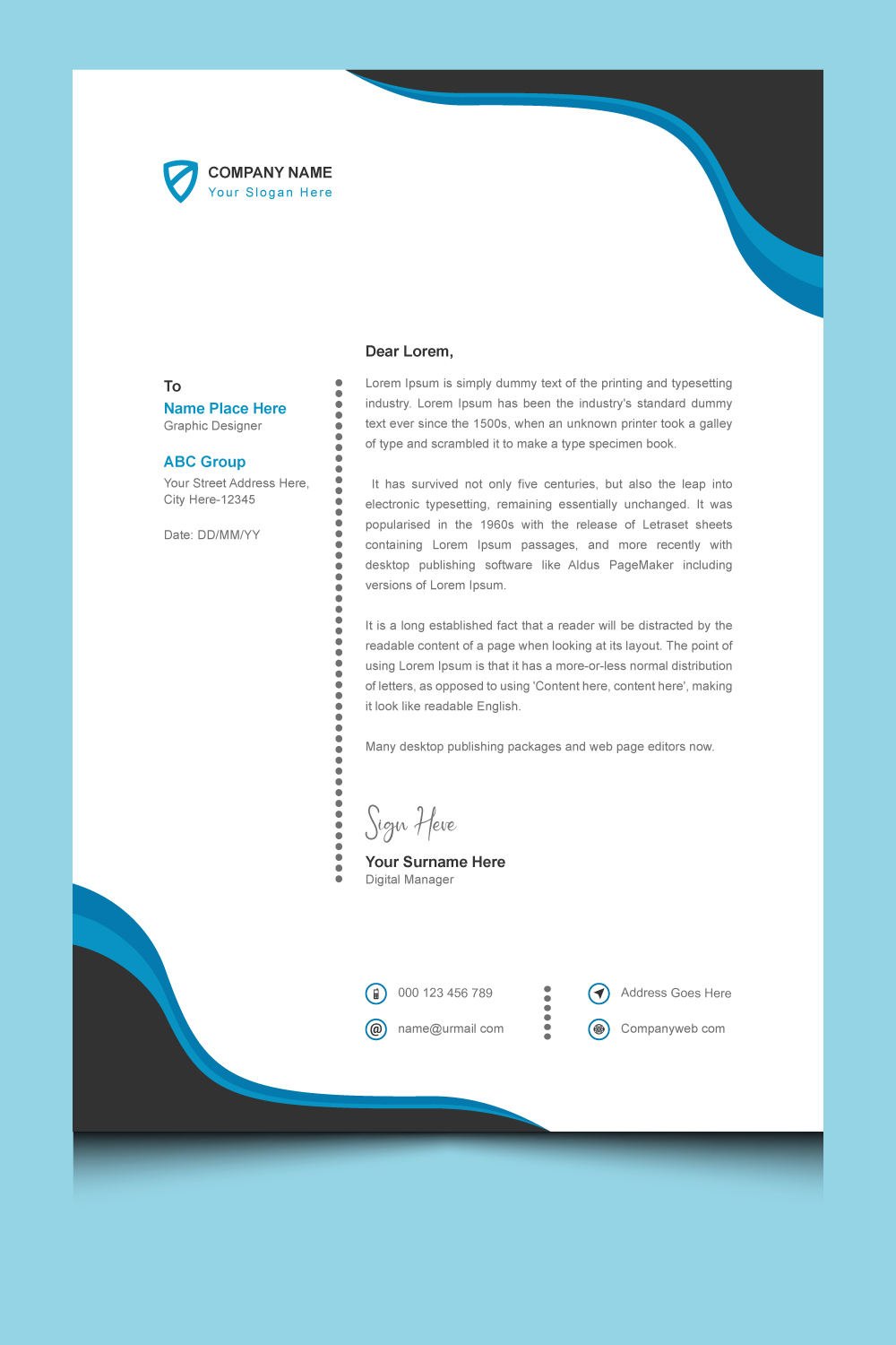 Clean minimal modern corporate business letterhead design template pinterest preview image.