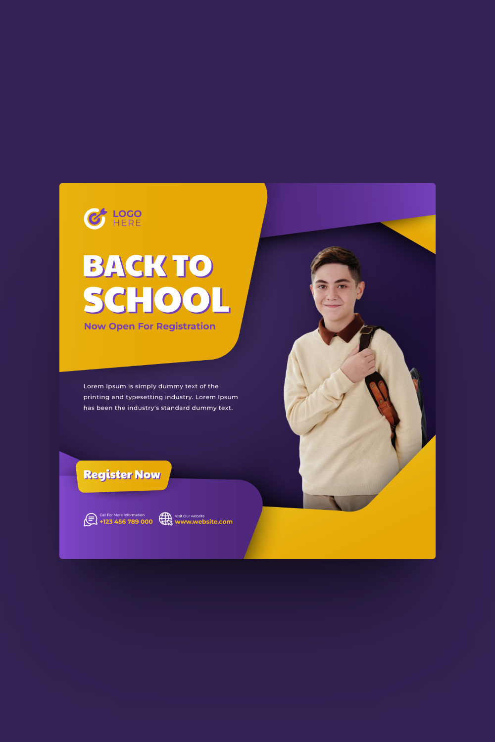 Back to school or School Admission or Kids Education social media post template pinterest preview image.