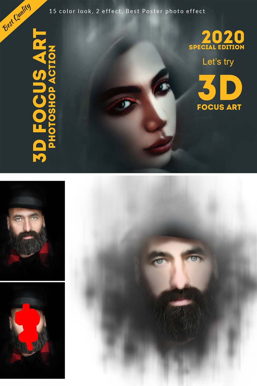 3D Focus Art Effect Photoshop Action pinterest preview image.