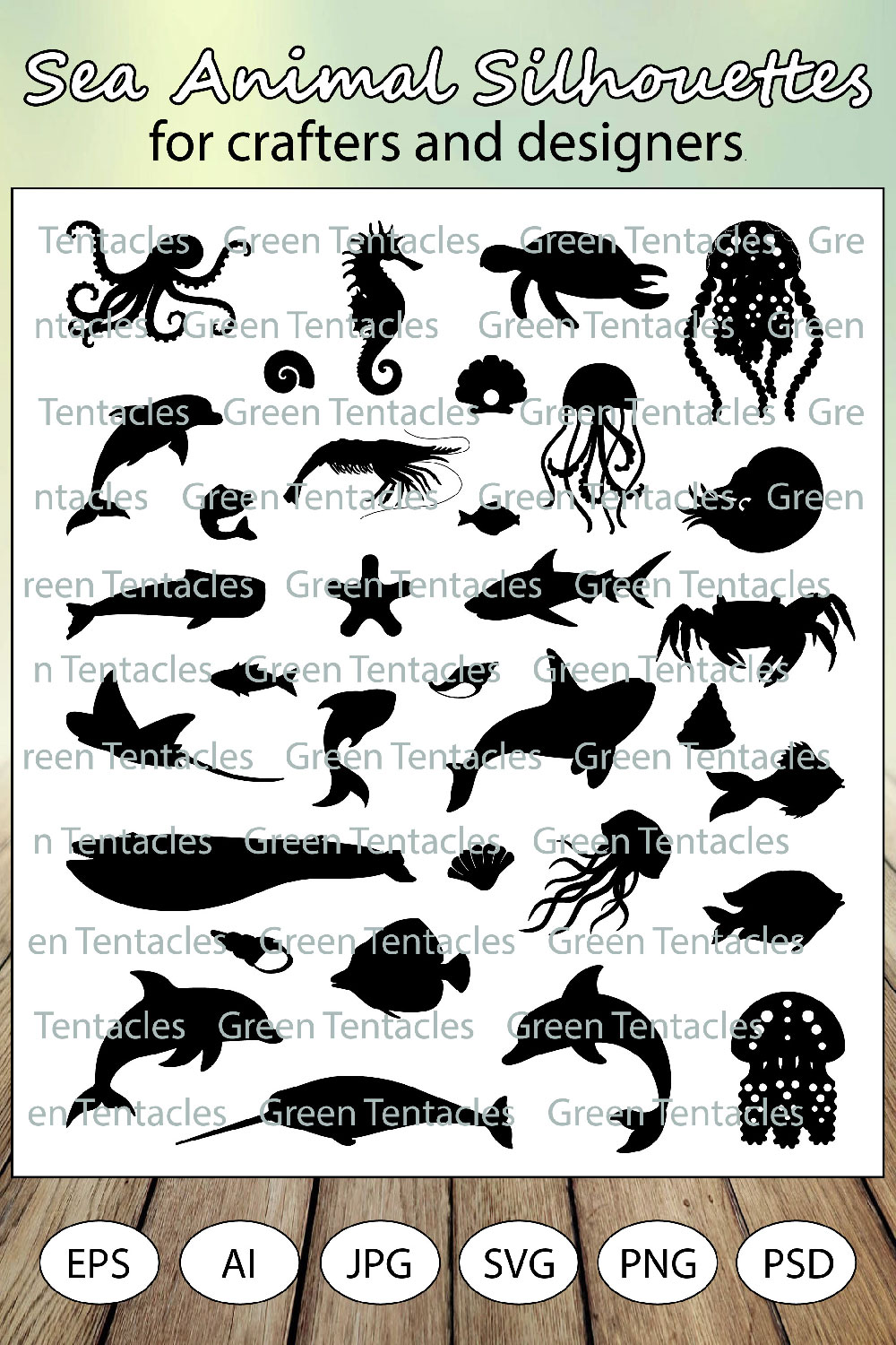 Sea Animal Silhouettes for Crafters and Designers pinterest preview image.