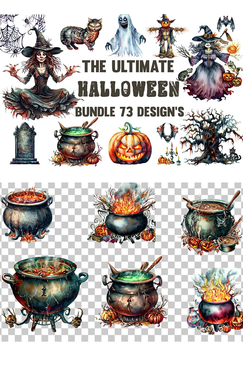 Halloween Watercolor Clipart Bundle Sublimation pinterest preview image.