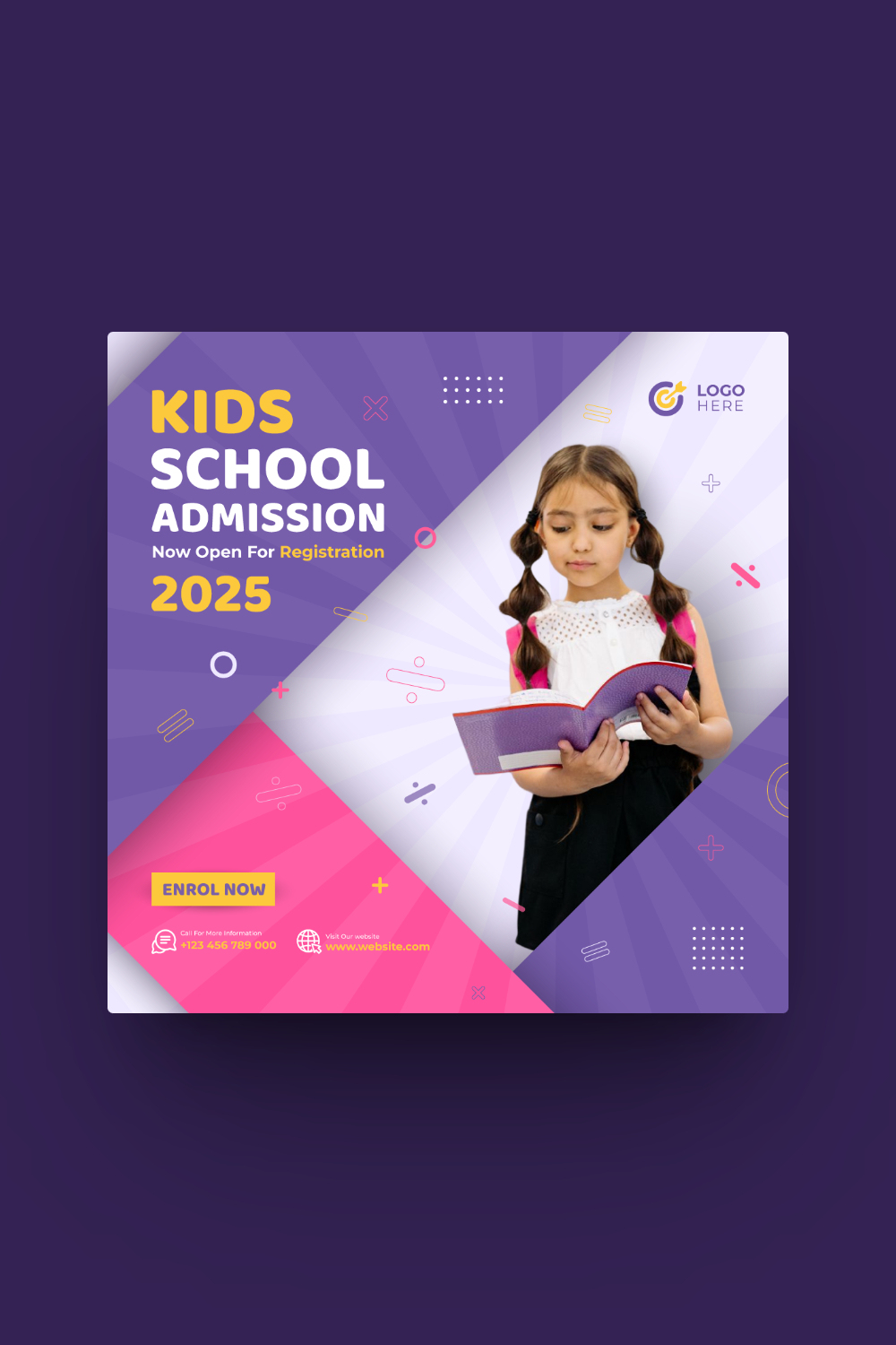 School Admission or Kids Education Social Media Post Template pinterest preview image.