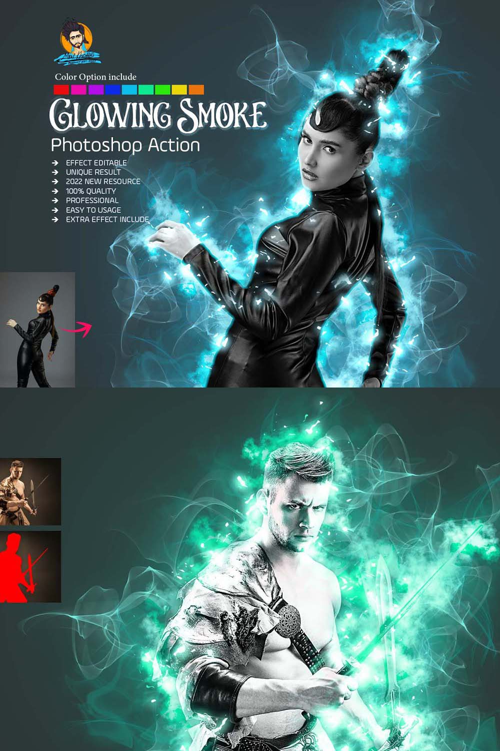 Easy Glowing Smoke Photoshop Action pinterest preview image.