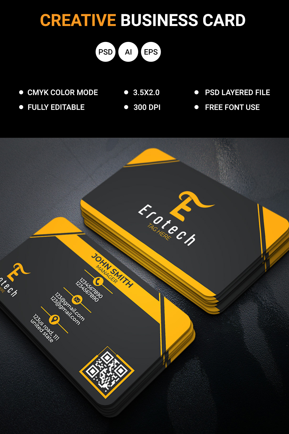 Professional and creative business card design template psd file, ai file, eps file pinterest preview image.