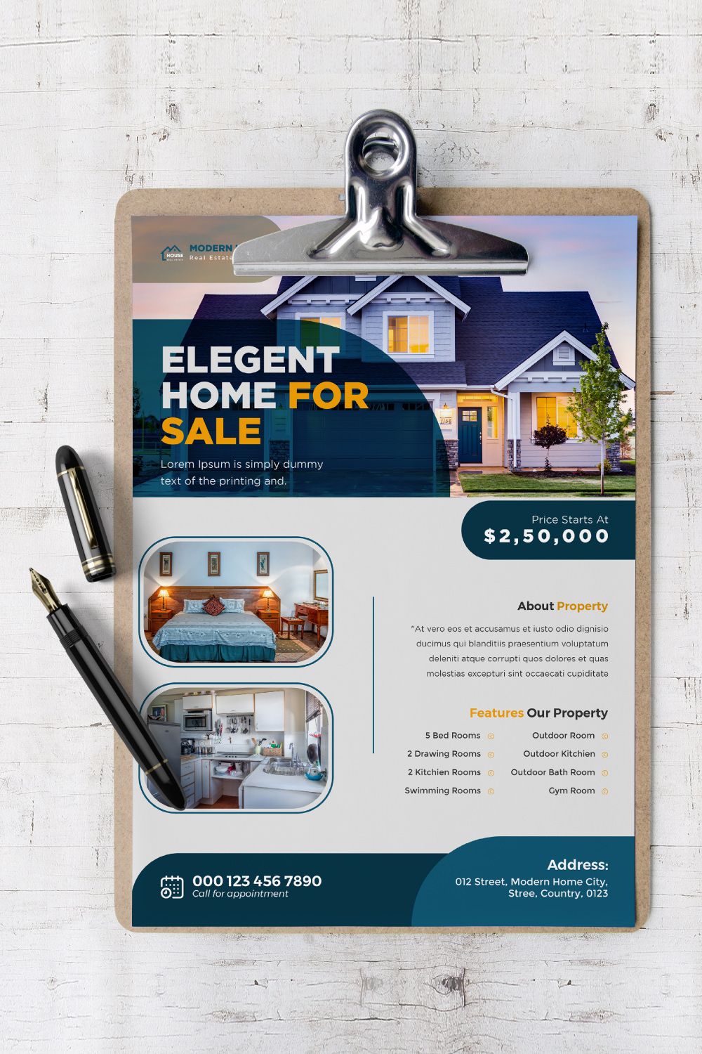 Modern creative elegant real estate home property sale print ready a4 flyer template design pinterest preview image.