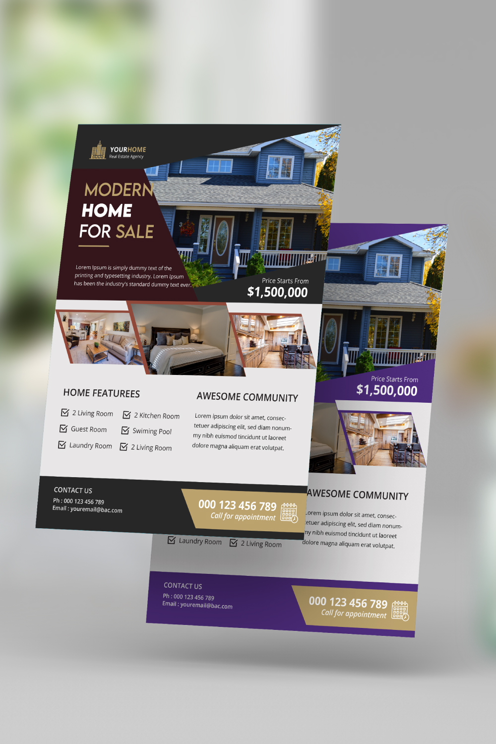 Modern creative elegant real estate home property sale print ready a4 flyer template design pinterest preview image.