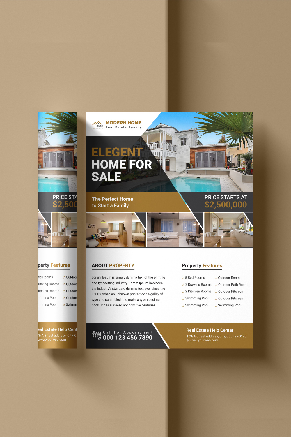 Modern creative elegant real estate home property sale print ready a4 flyer template design pinterest preview image.