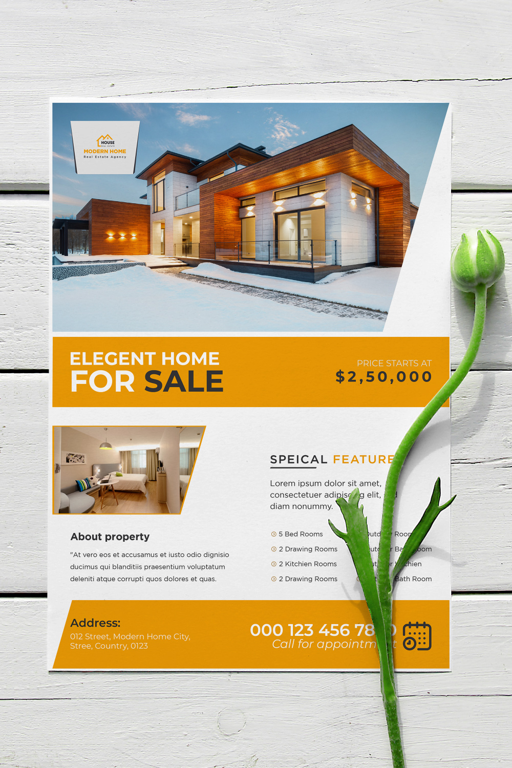 Modern creative elegant real estate home property sale print ready a4 flyer template design pinterest preview image.