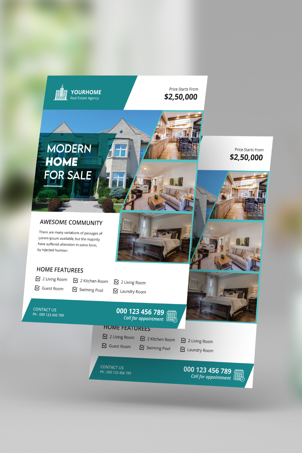 Modern creative elegant real estate home property sale print ready a4 flyer template design pinterest preview image.