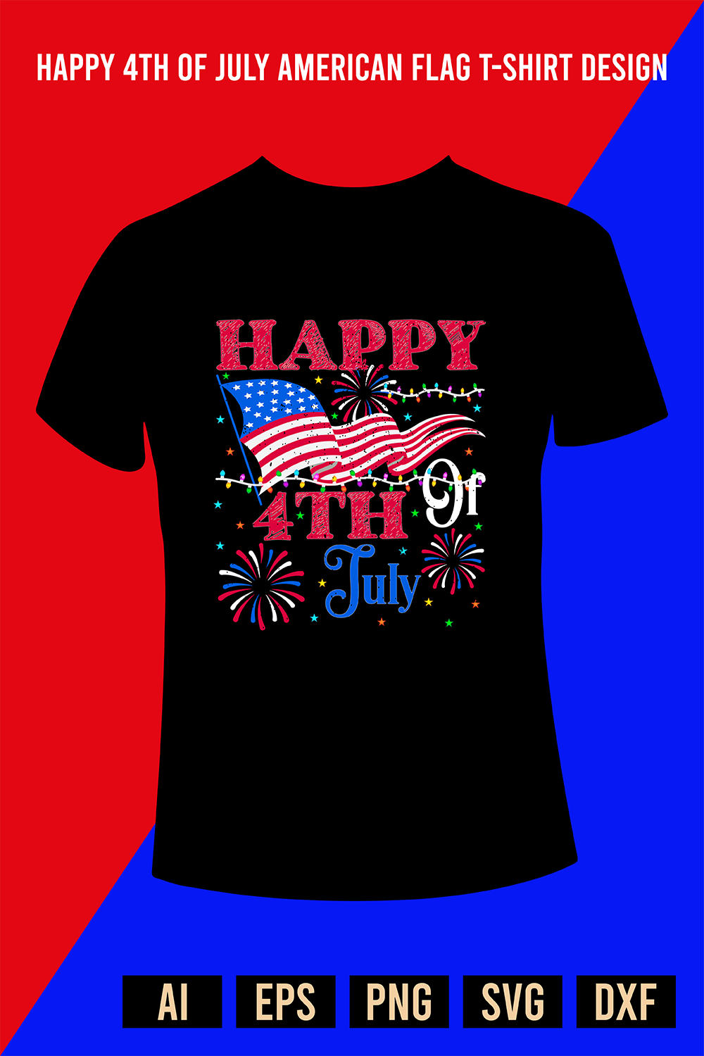 Happy 4th Of July American Flag T-Shirt Design pinterest preview image.