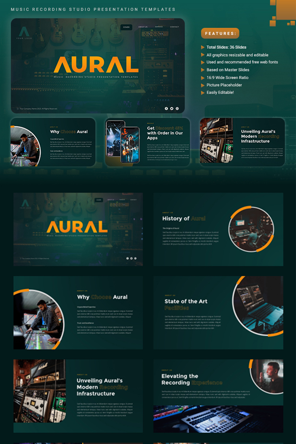 Aural - Music Recording Studio PowerPoint Template pinterest preview image.